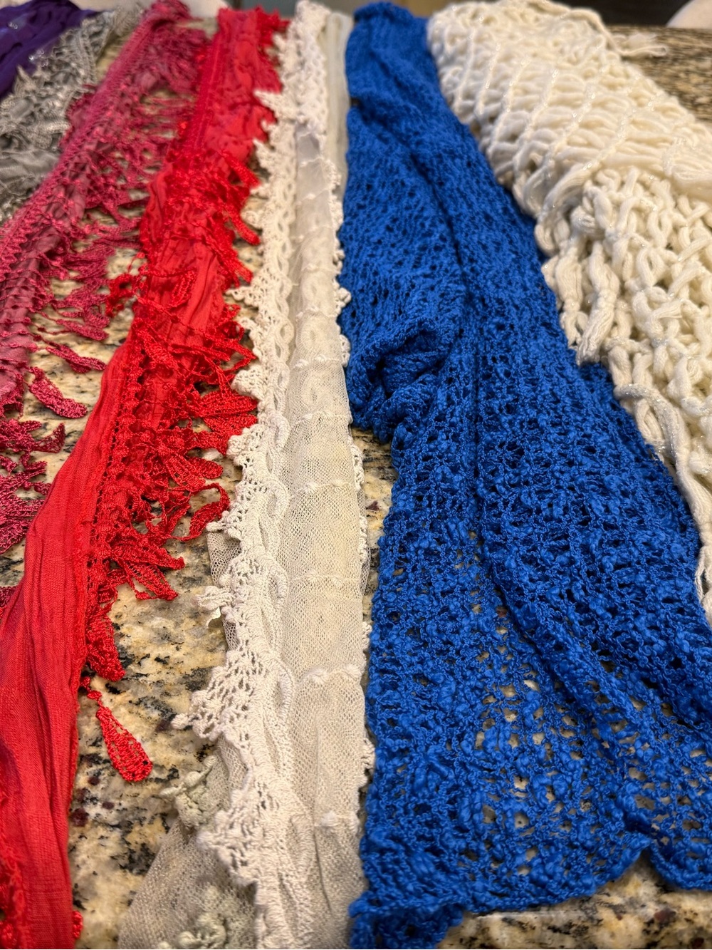 10 total - Blue and Red Crochet Decorative Throw Scarves - Unbranded